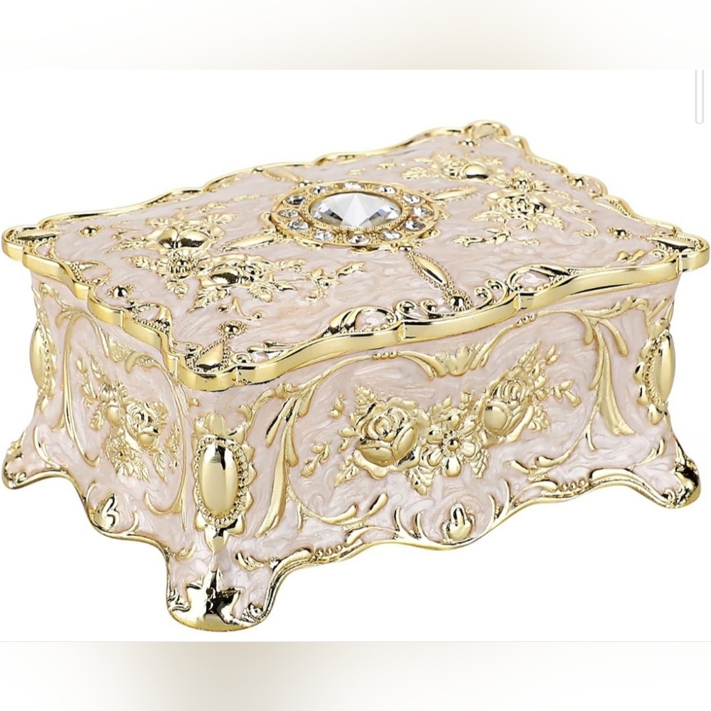 Beautiful Enameled Ivory And Gold Small Trinket Jewelry Box Black Velvet Lined